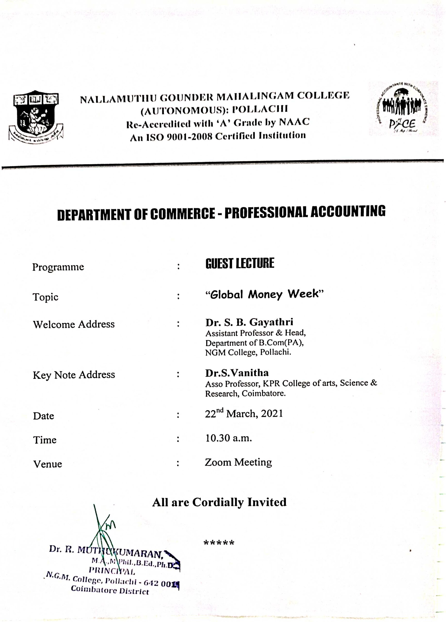 Guest Lecture program on “Global Money week’’